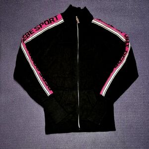 Rare!!Bebe Sport Logo On Arms Black/Deep Pink/Silver Stripes Sweater Jacket - M.